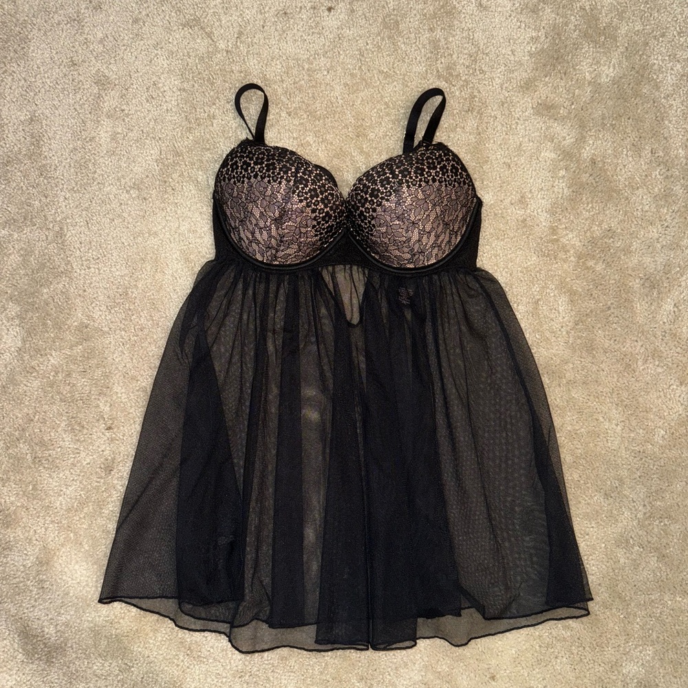 Victoria’s Secret Black Lace-Overlay Babydoll Nightdress - 34D - Picture 1 of 4